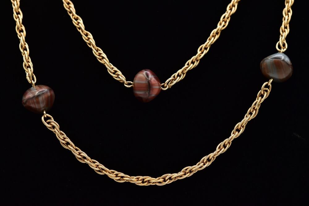 Accessocraft NYC Vintage Long Gold Rope Chain Banded Glass Station 1970s BinBM